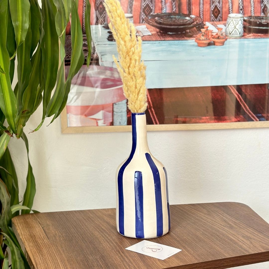 Vase bouteille bleu rayé