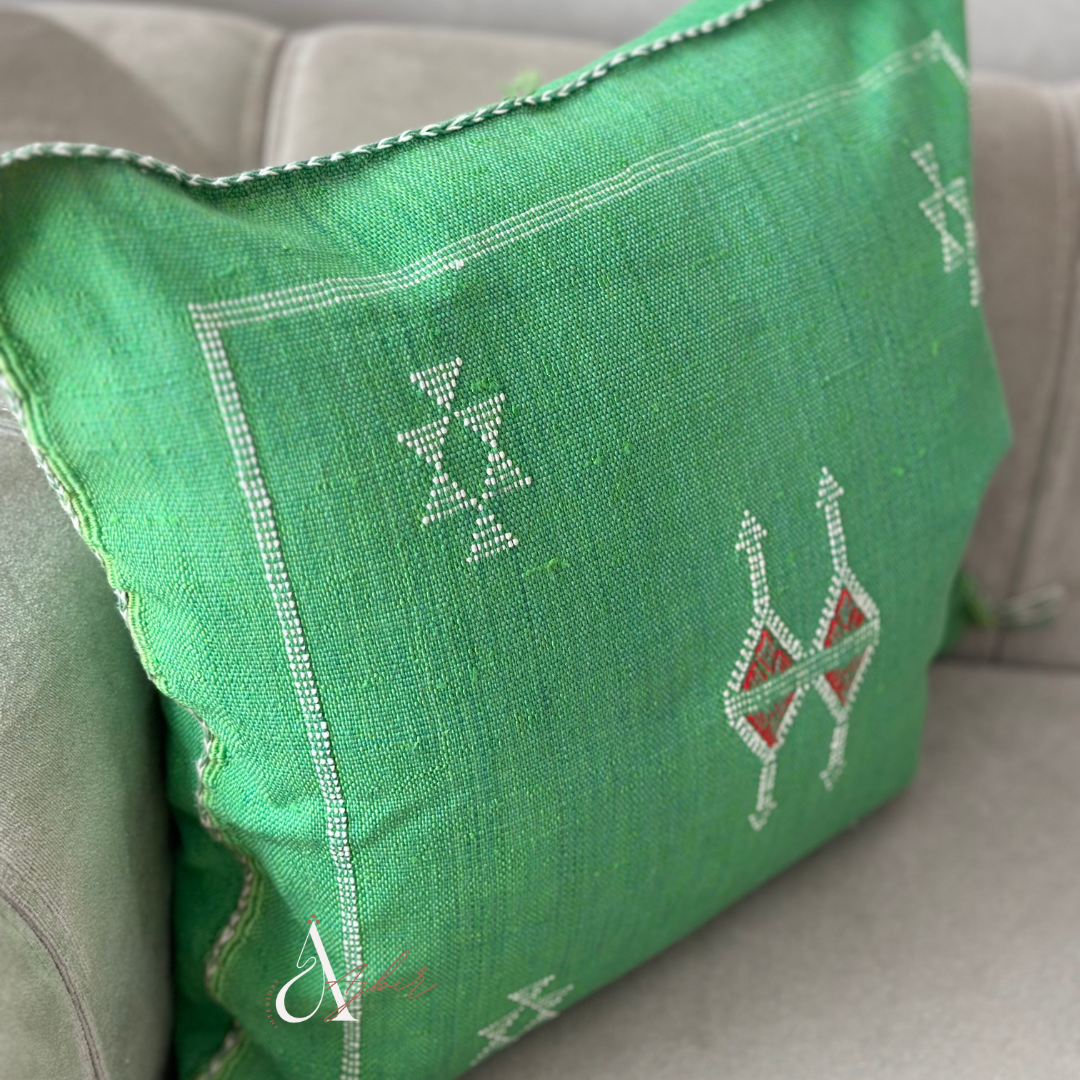 Housse de coussin artisanale Sabra (soie de cactus) vert