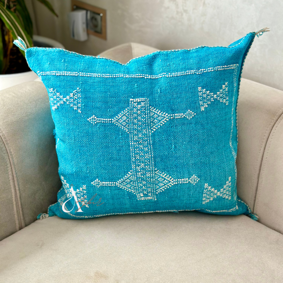 Housse de coussin artisanale Sabra (soie de cactus) Turquoise