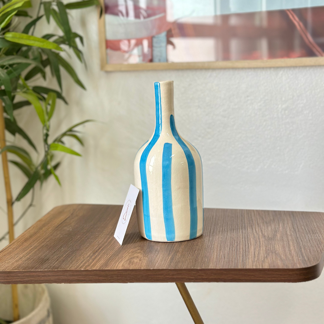 Vase bouteille bleu ciel rayé