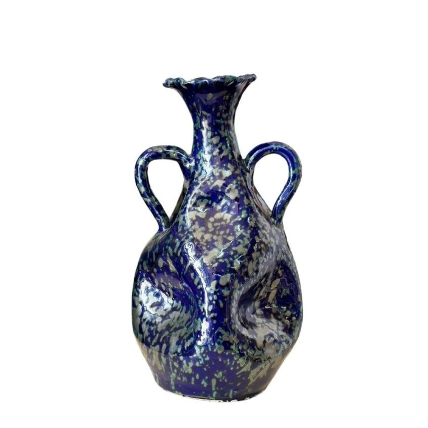 Vase artisanal Tajdigt bleu moucheté en gris