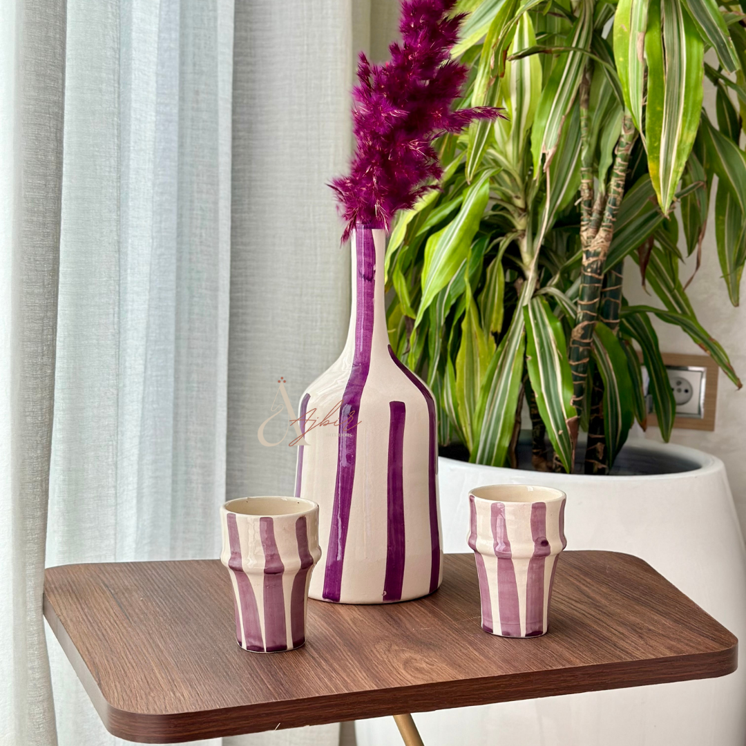 Vase artisanal bouteille mauve rayé