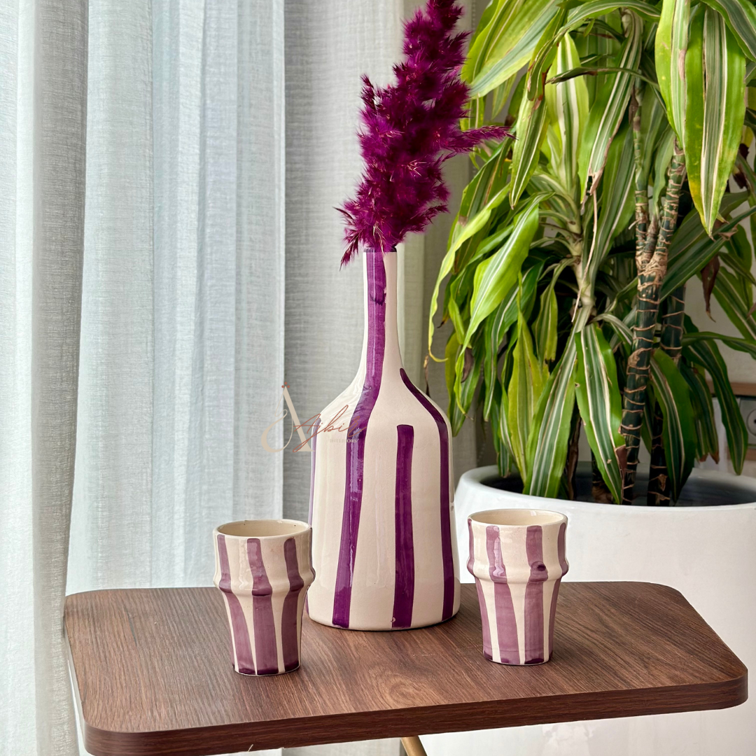 Vase artisanal bouteille mauve rayé
