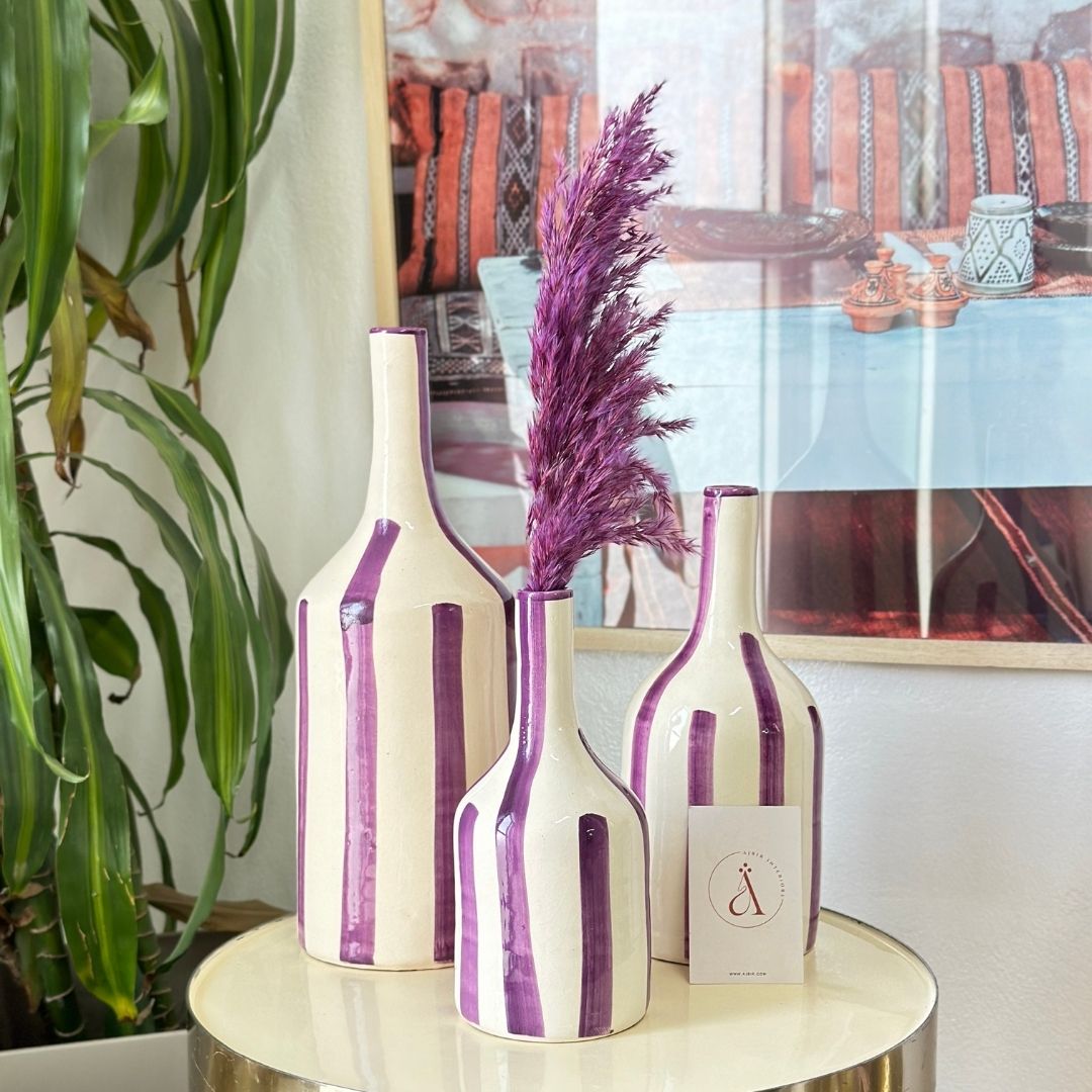Vase artisanal bouteille mauve rayé
