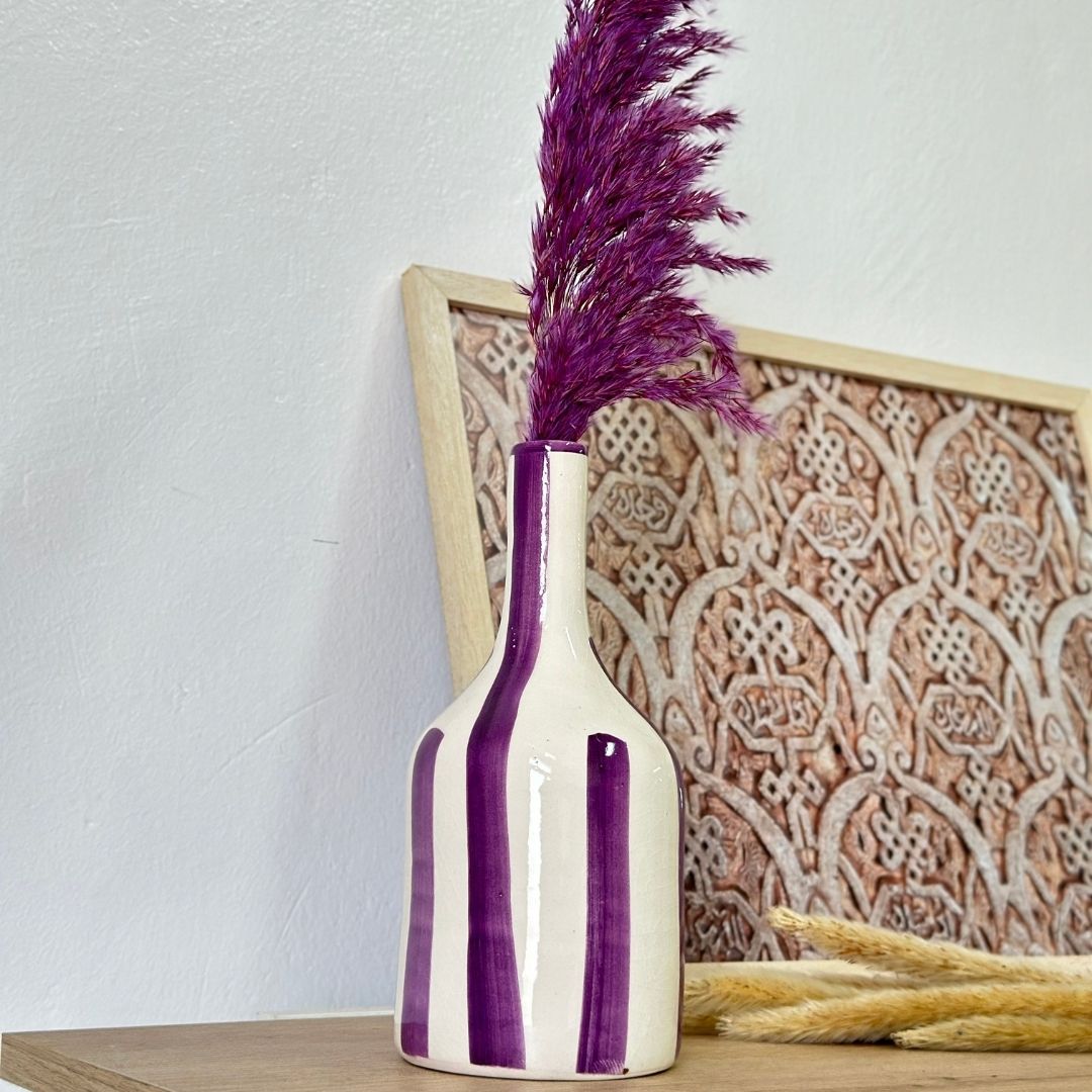 Vase artisanal bouteille mauve rayé