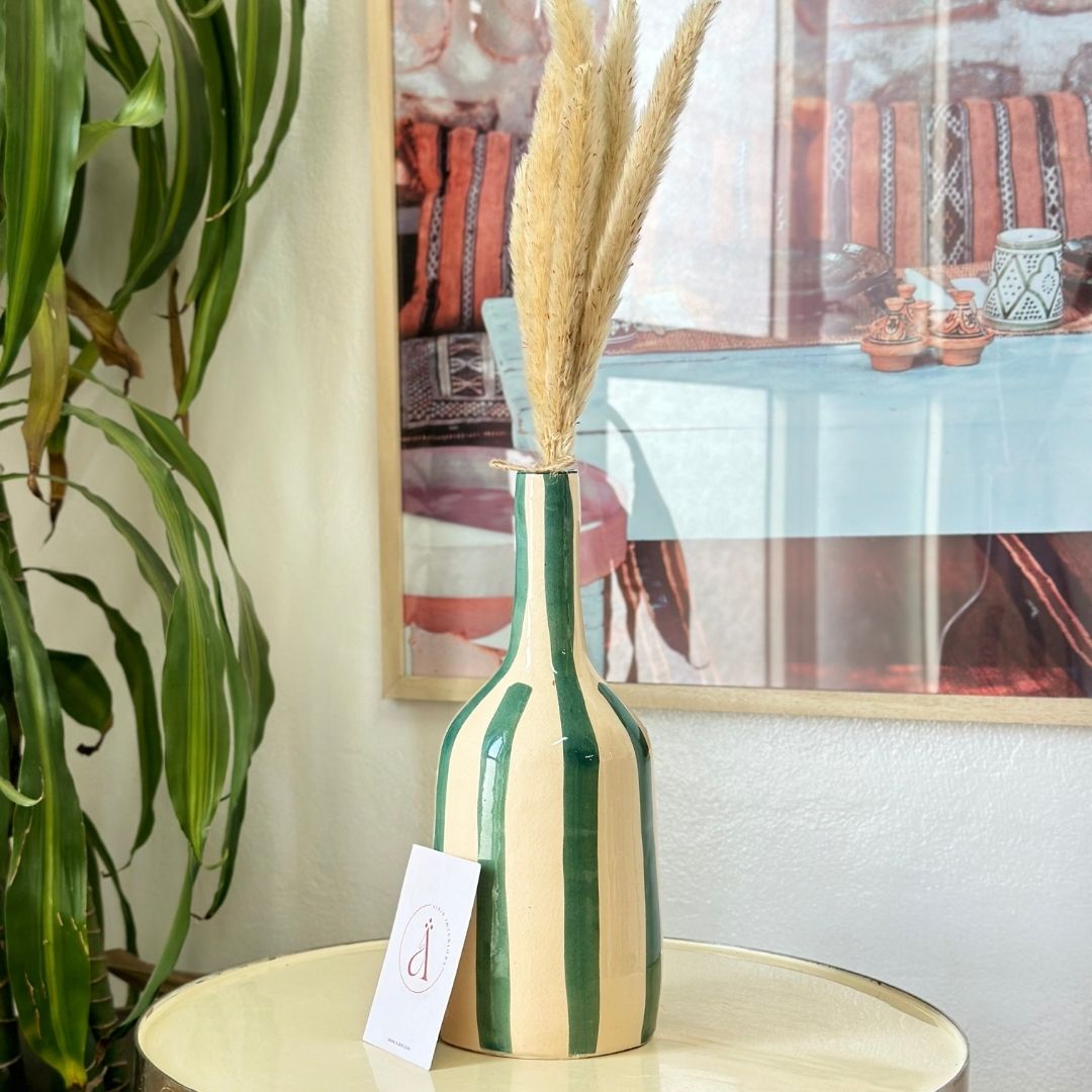 Vase bouteille bleu pétrole rayé